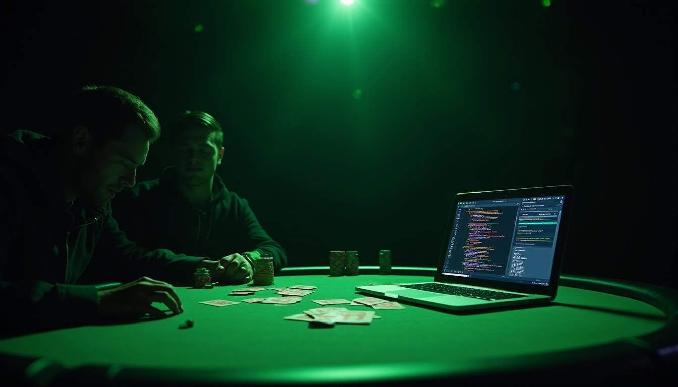 A dark poker table with poker bot software on a laptop, highlighting the ethical concerns of poker hacks and AI poker cheats.