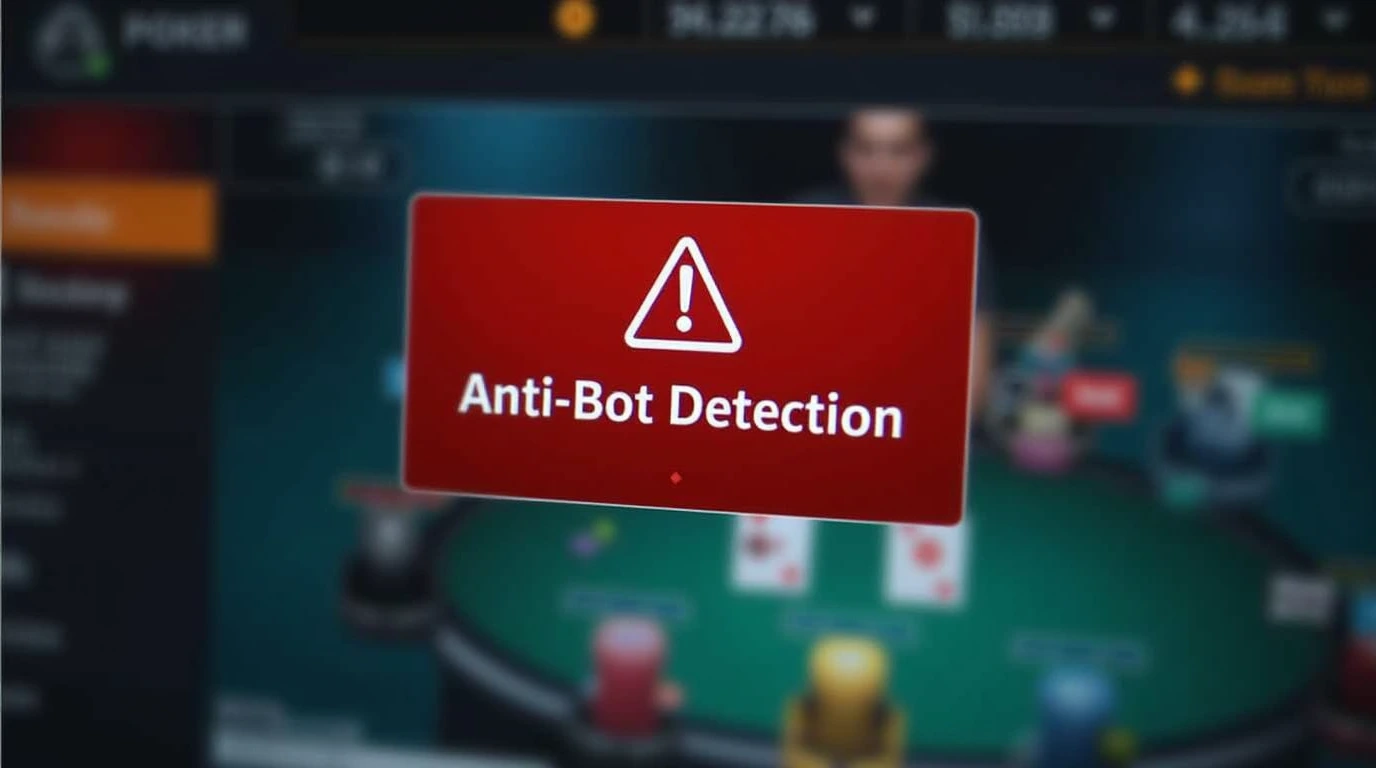 Poker software interface with anti-bot detection alert during an online poker game.