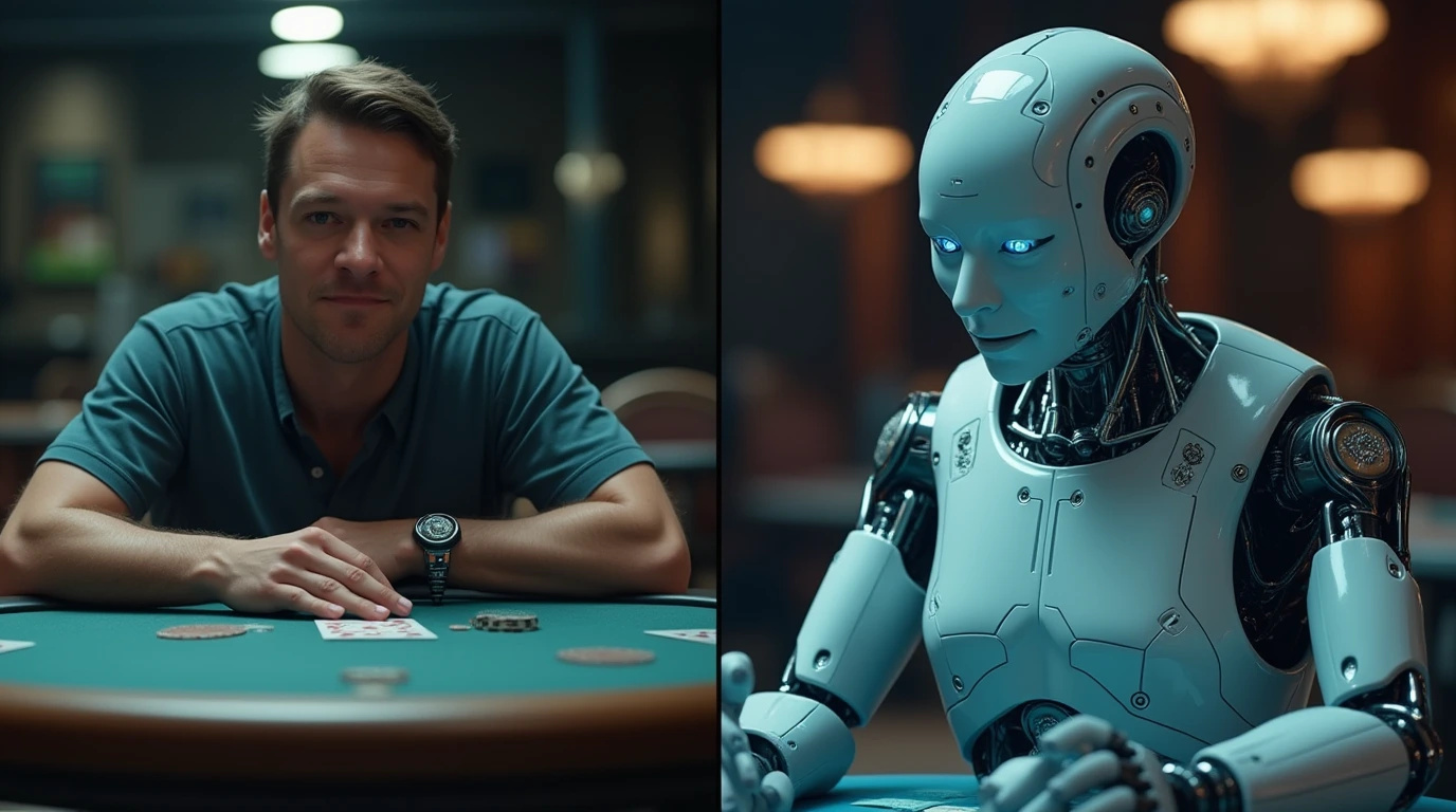 Human poker player and digital poker bot side by side, showing emotional vs. calculated poker play.