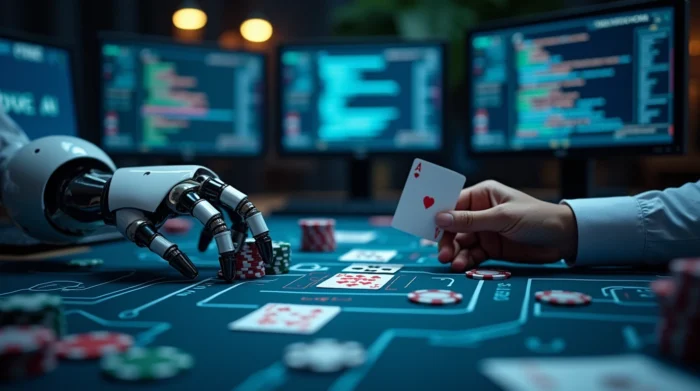 AI poker table with robotic hand playing against a human, poker AI technology displayed on screens in the background.