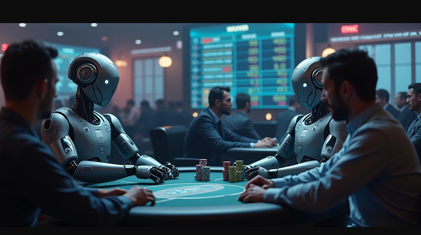 A futuristic poker scene with humans and AI robots playing at different tables, illustrating the rise of AI poker.