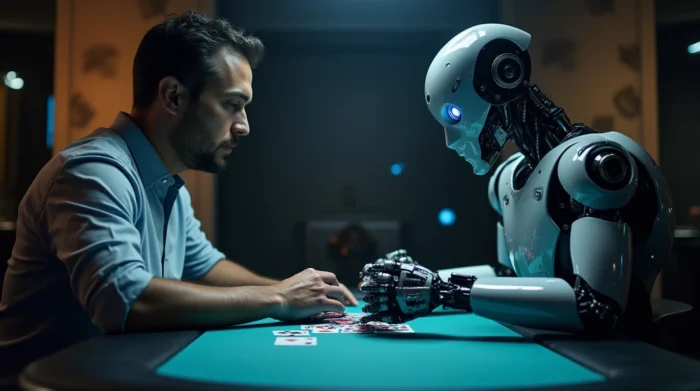 Human poker player facing off against an AI robot at a poker table, symbolizing poker AI research and development of poker bots.