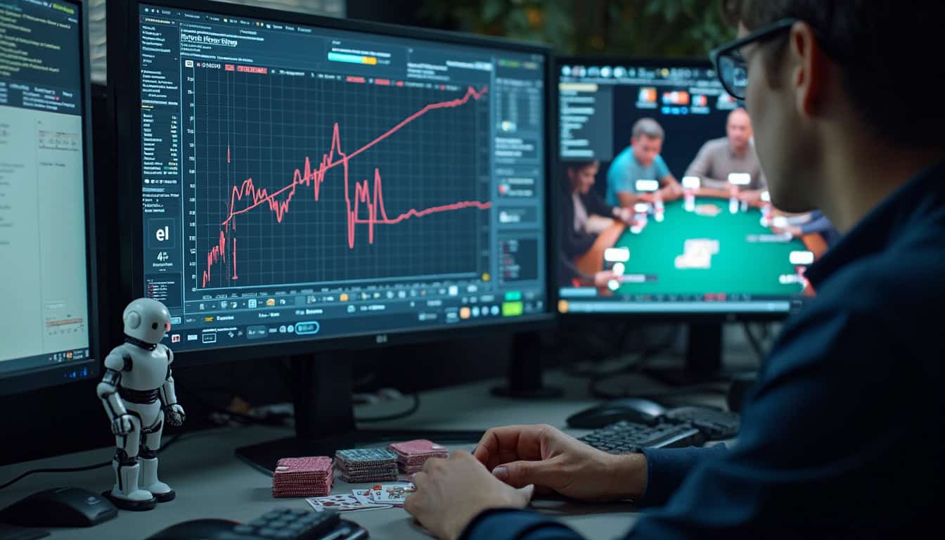 The computer screen shows the analysis of poker artificial intelligence and game data, next to it a player and poker cards.