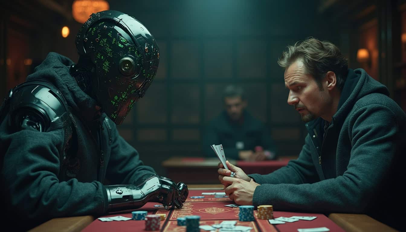 Human playing poker against AI bot, sweating, while the AI analyzes the game on its screen face.