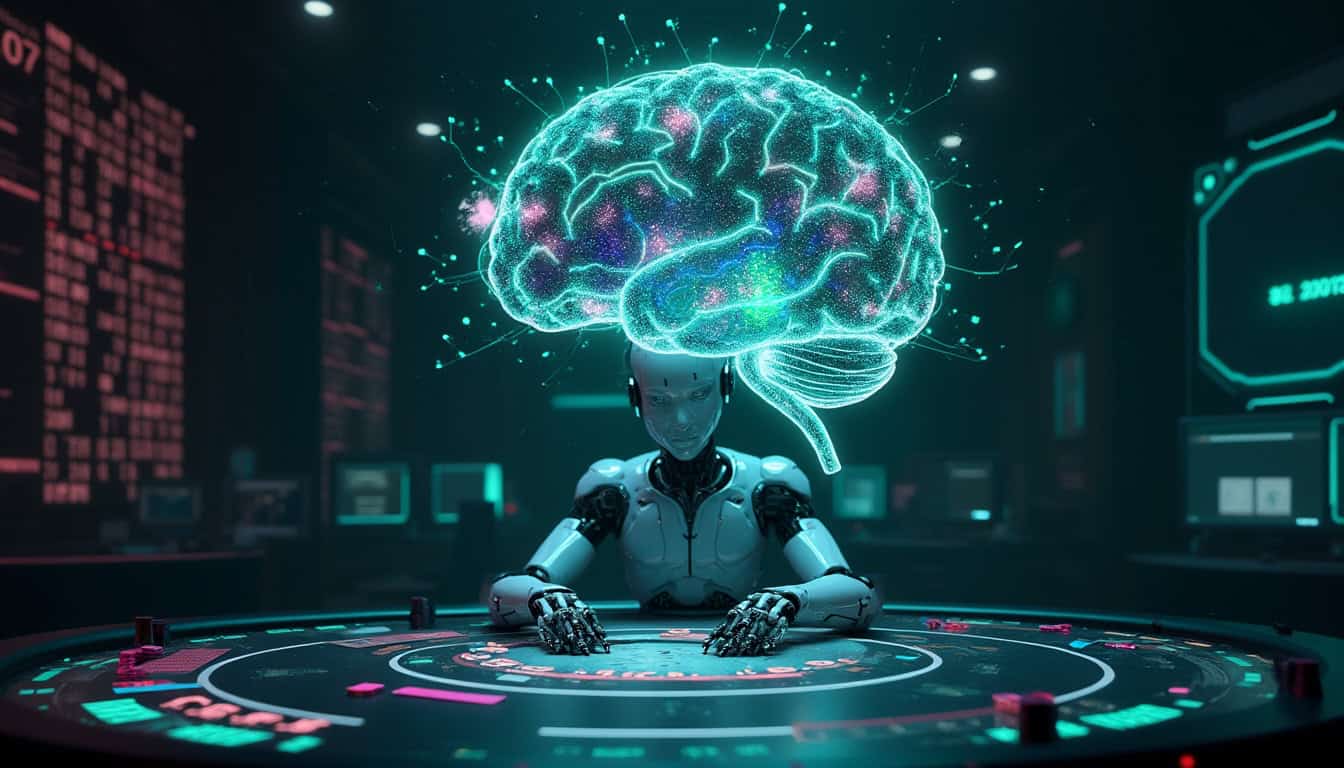 A glowing holographic brain floating above a poker table, representing how poker AI algorithms analyze strategies. A poker bot sits at the table, calculating its next move with poker AI software in real-time.