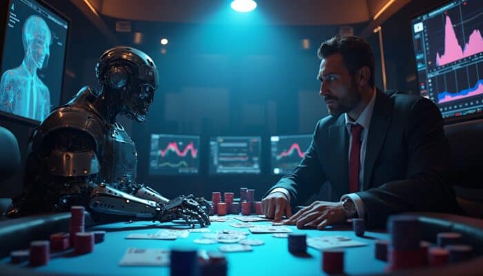 Poker table with AI and human players, featuring a robot and a human in a tense poker game. The scene includes poker chips, holographic data, and an AI system analyzing poker strategies. AI poker, poker AI development, and poker bots are highlighted.