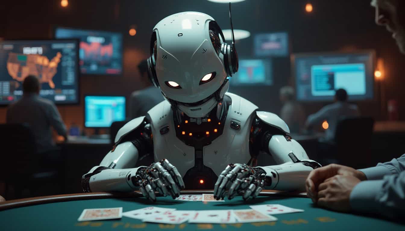 A poker bot smirking as it holds cards close, preparing to bluff against a human player. The scene demonstrates how AI poker is incorporating human-like bluffing strategies into its gameplay.