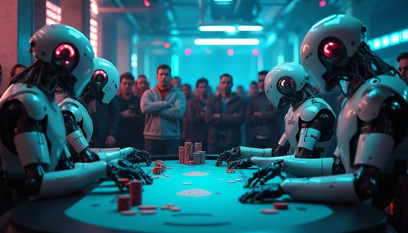 A futuristic poker room filled with AI bots facing off at a table. Human spectators watch as the AI bots dominate, representing the rising power of poker AI algorithms in the game.