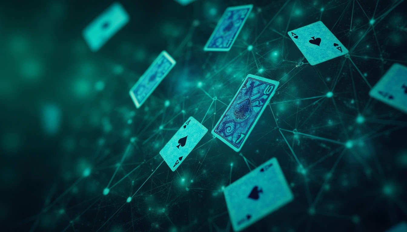 Neural network and poker cards symbolizing the application of machine learning in AI poker strategies.