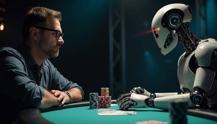 A human and a robot are playing poker at a table, demonstrating the confrontation between a human and an AI in poker.