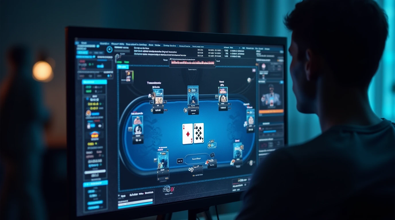 Digital poker table displaying AI poker algorithms, sliding windows, and bet size calculations in poker AI research."