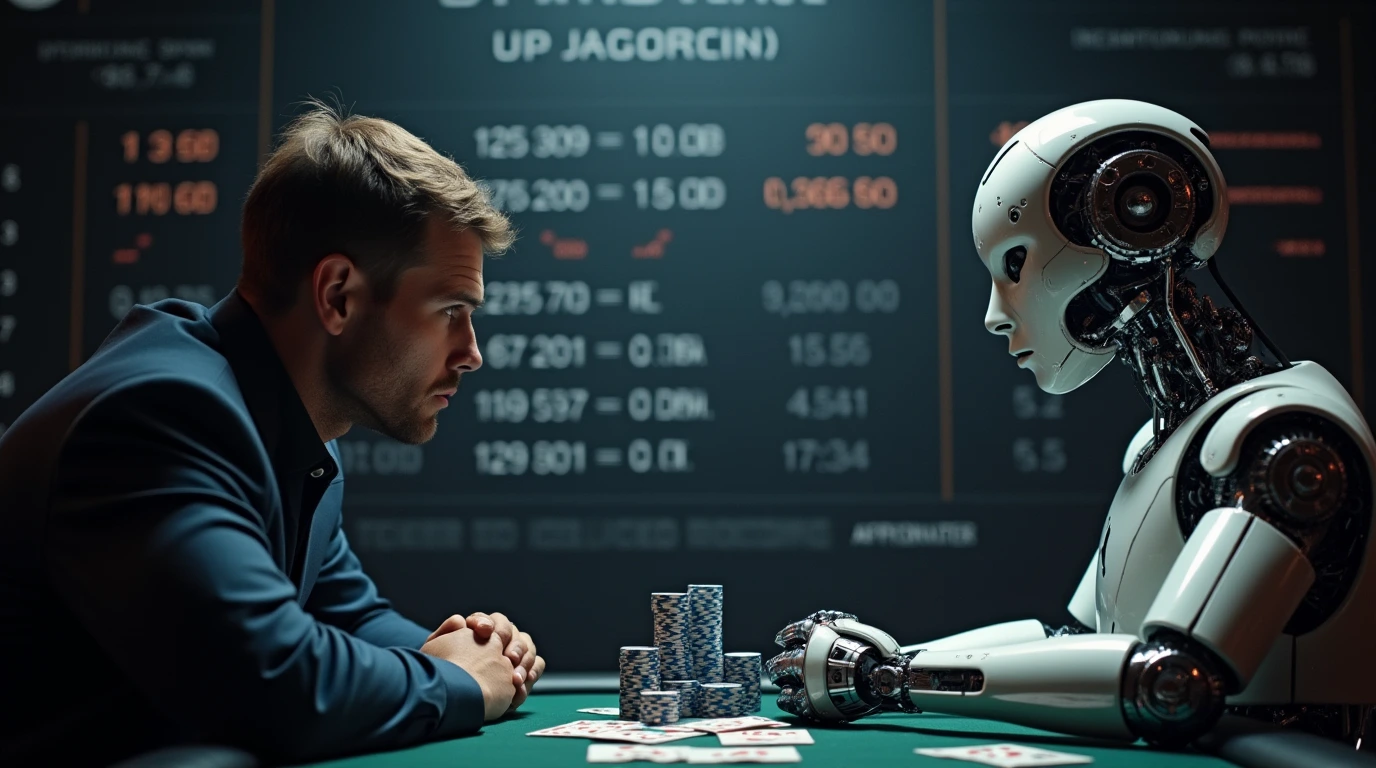 Human player facing off against a robotic poker bot in a high-stakes game, showcasing AI poker strategies and bluffing techniques.