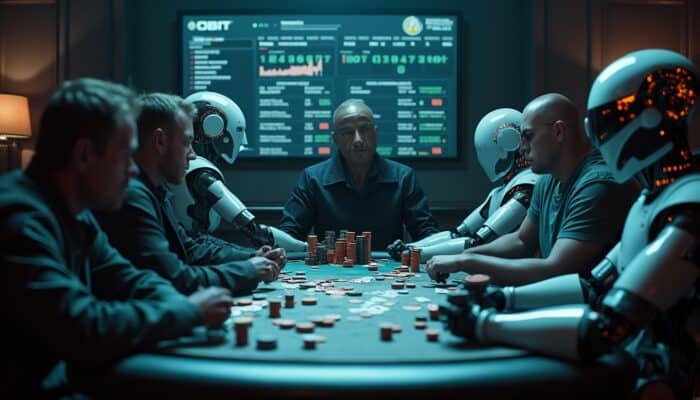 Poker table with human and robotic AI players, illustrating poker AI strategies, sliding bets, and poker bot algorithms.