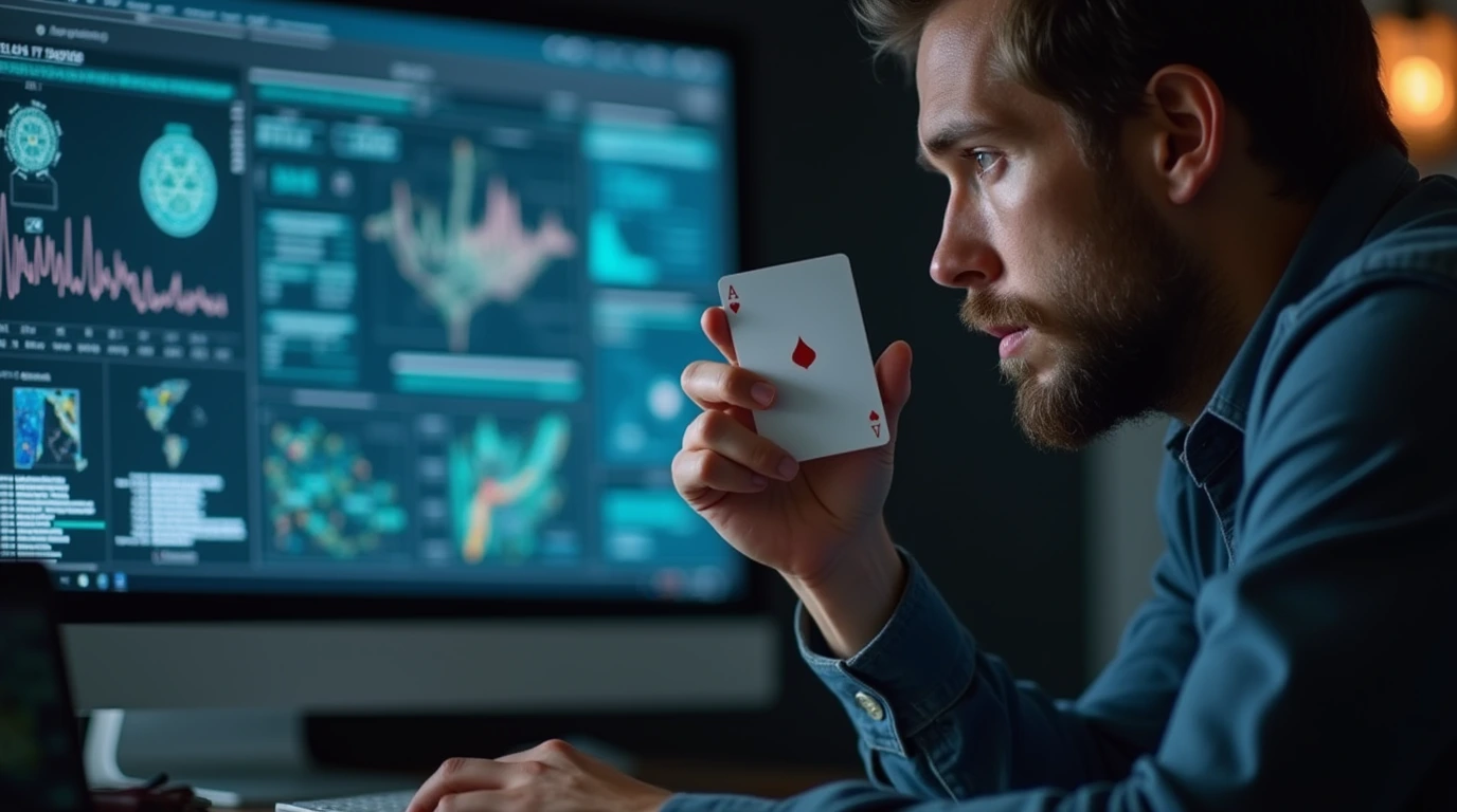 Computer screen displaying poker AI software and data models, with a person analyzing poker AI strategies and algorithms.