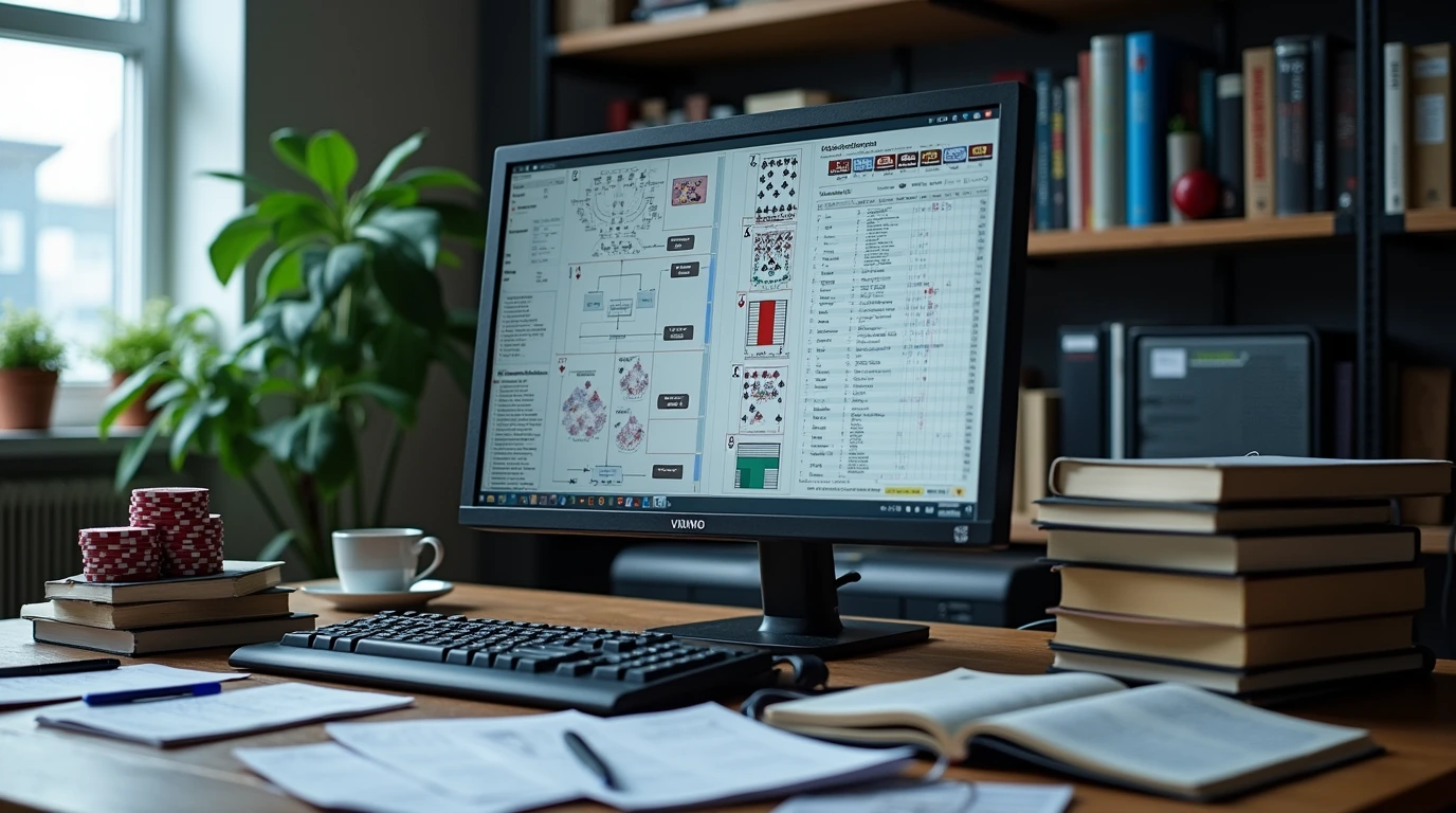 Office workspace with a computer displaying poker AI algorithms and data charts, surrounded by books on game theory, illustrating poker AI research and development.