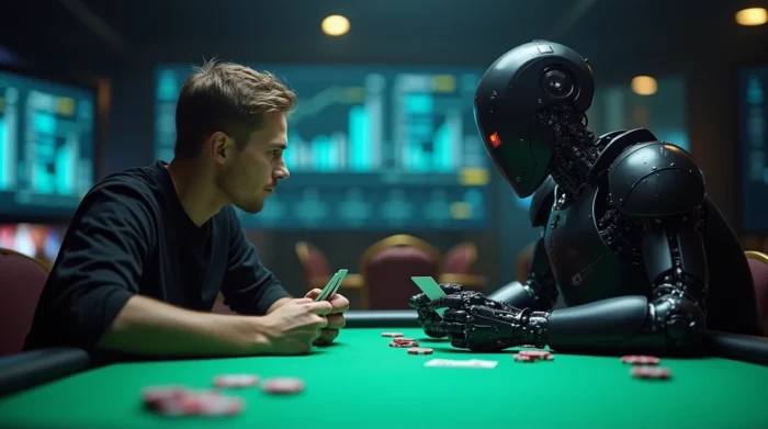 AI poker bot facing a human player at a poker table, with poker chips and cards scattered, representing poker AI development and strategies.