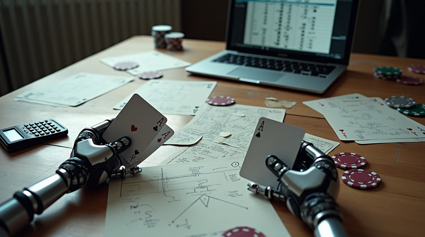 Poker table with poker chips, cards, robotic hands, mathematical papers, and a laptop showing poker strategies.