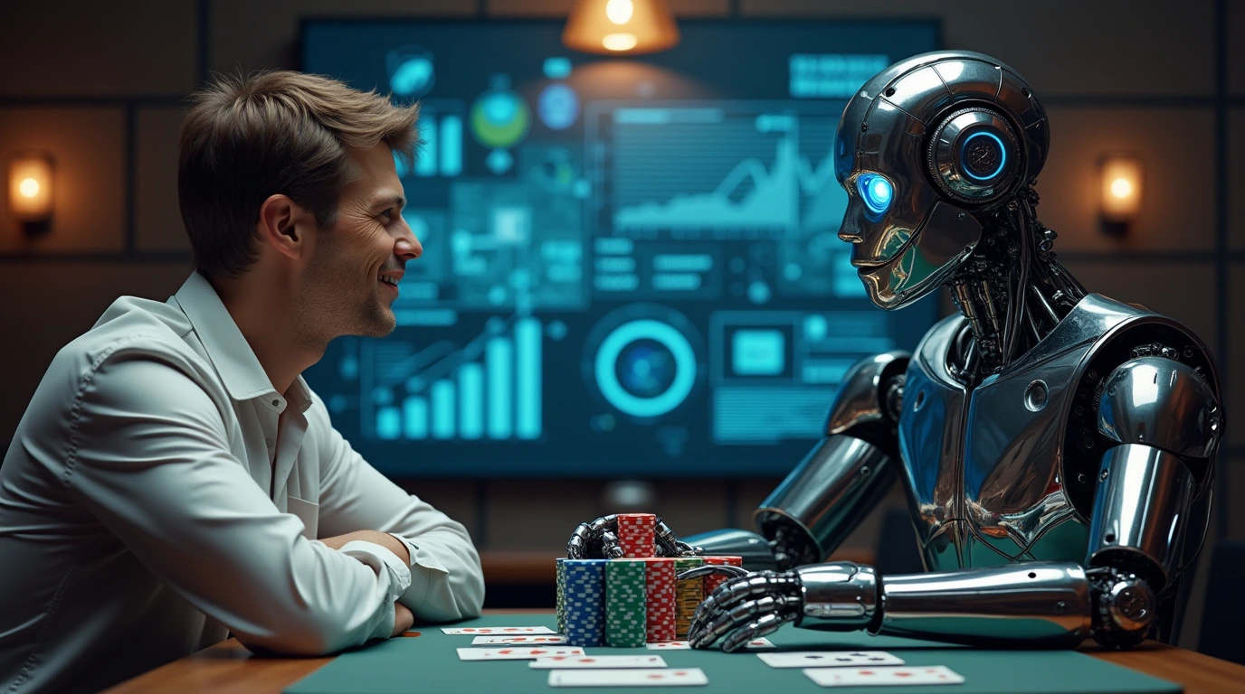 Human poker player versus AI robot with charts and data, symbolizing human intuition against AI calculation.