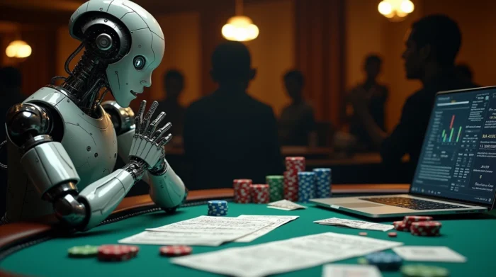 AI robot playing poker, surrounded by poker chips, cards, and mathematical formulas.