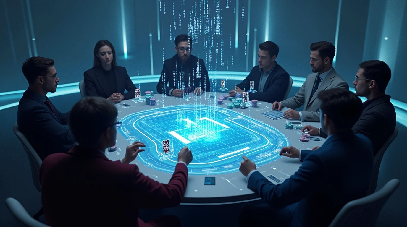 Futuristic poker table with AI and human players using advanced poker AI software and tools.