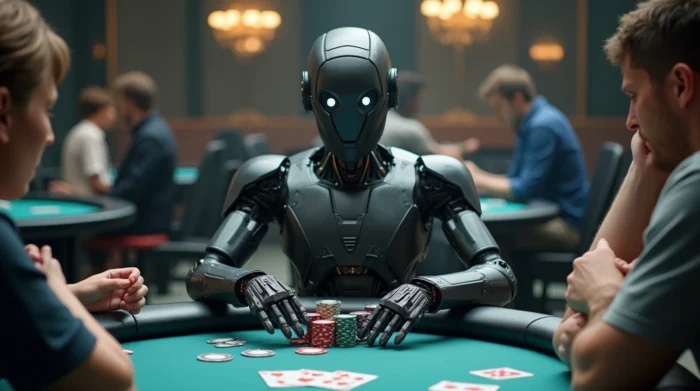 AI poker bot playing poker at a casino table with human opponent, poker AI strategies in action.