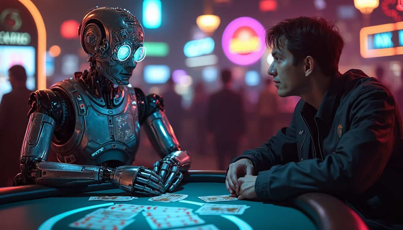 Human and poker robot players engaged in a poker game, showcasing poker AI strategies and digital schematics projected onto the table.