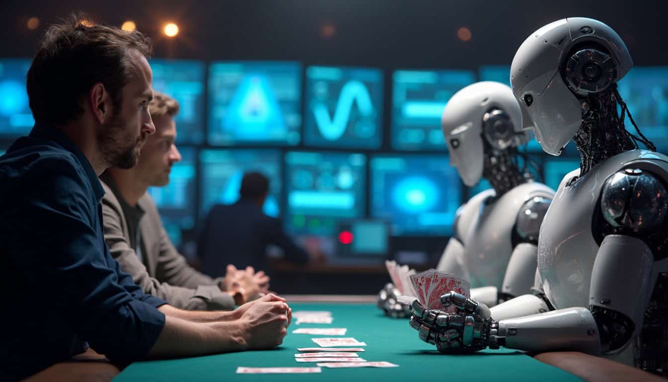 Futuristic poker tournament scene with human and robot players. The robot has a metallic face and is analyzing data on screens, while the human player shows signs of tension. The scene features poker AI tools and the competitive dynamic between human and poker AI players.