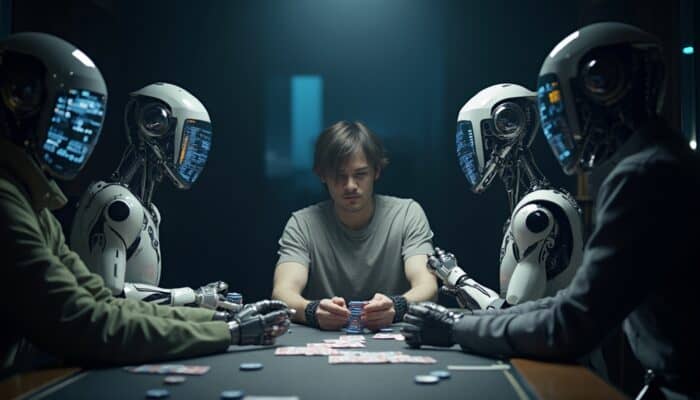 Human playing poker against futuristic poker AI bots, surrounded by chips and cards on the table.