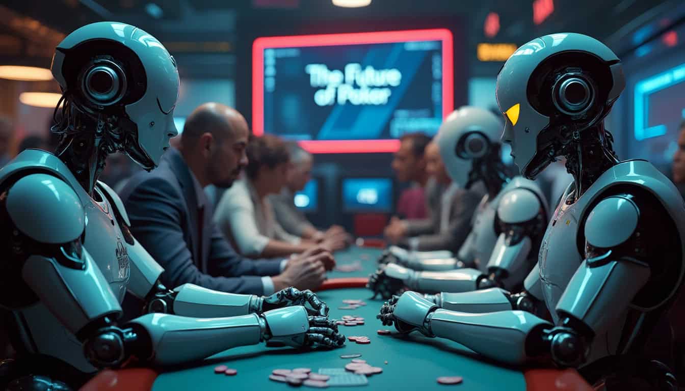 Futuristic casino with human and robot players in a poker game, focusing on the future of poker AI software and online poker bots.