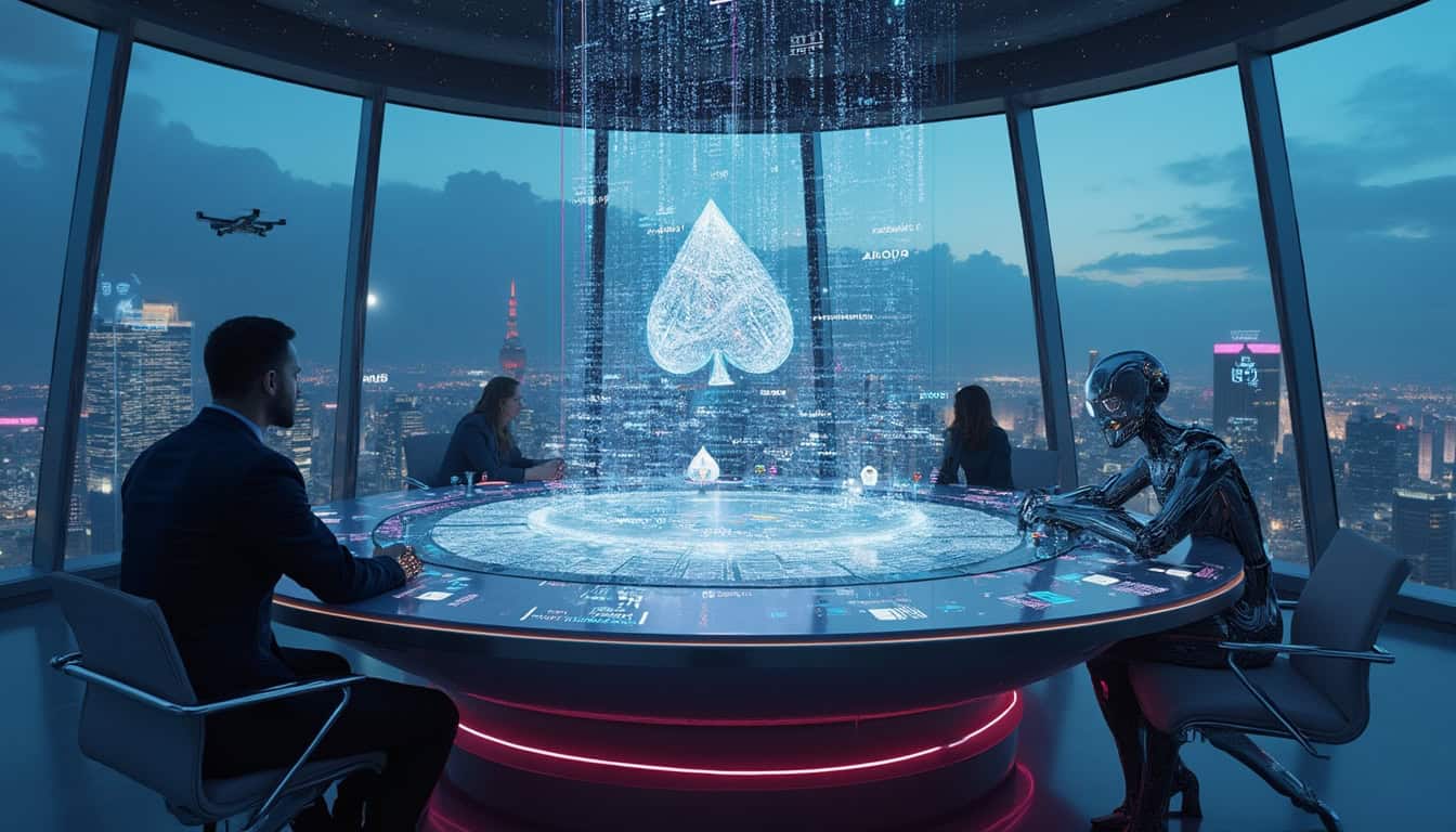 Futuristic cityscape with a poker tournament in a glass dome. The scene features a large AI hologram controlling data and cards, surrounded by virtual reality players and high-tech interfaces. The image highlights the future of AI poker, poker AI tools, and the integration of AI in strategic gameplay.