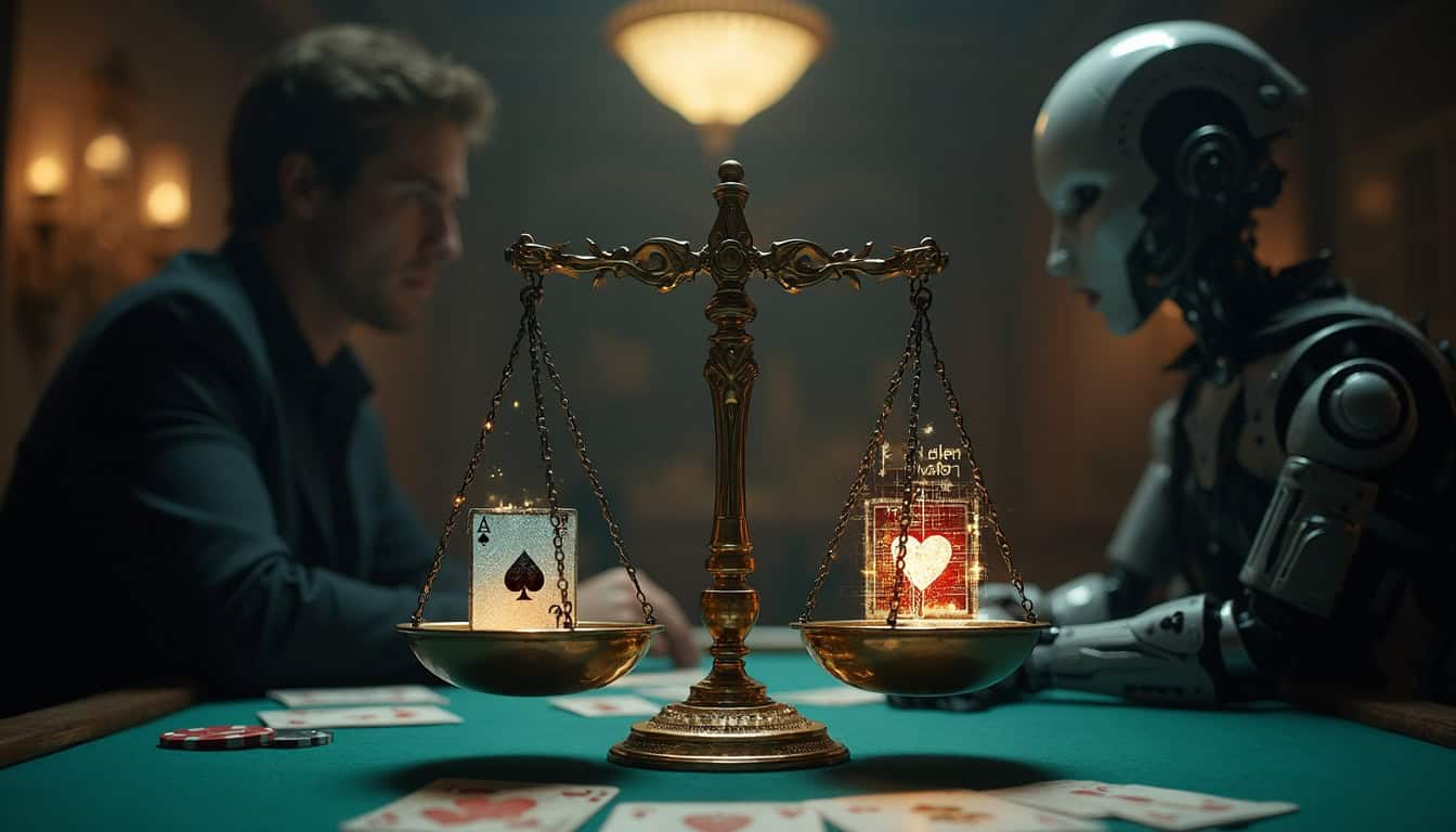 Scales balancing poker cards and digital data, with human and robot silhouettes on either side. The scene addresses the ethical dilemmas of using poker AI and maintaining fair play. Includes themes of poker AI algorithms and the integrity of online poker games.