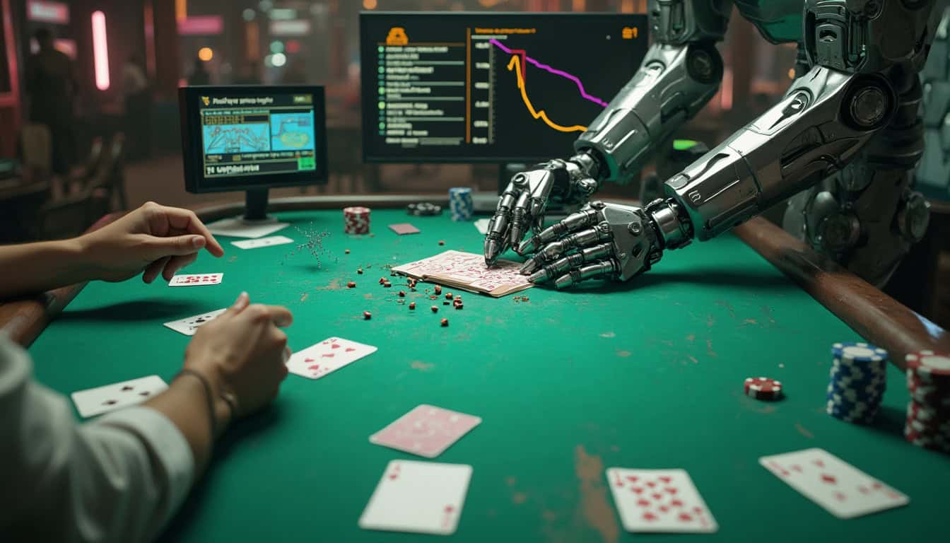 Poker table with a human player and a poker bot, featuring a robot with sensors and a human in a classic poker suit. The scene includes poker chips, displays of poker AI algorithms, and a futuristic AI system analyzing the game. Highlights the impact of poker AI development and the role of poker bots in modern poker strategies.