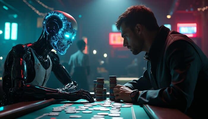 AI poker robot facing a human player at a high-tech poker table, with neon lights in a modern casino. Poker chips and cards are placed between them. The robot analyzes cards using an AI poker algorithm.